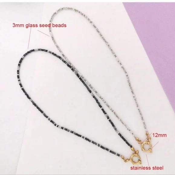 🩶🤍NEW🩶🤍 PRETTY!! SS 3MM Glass Bead Anchor Necklace in GREY,SILVER, &WHITE - Picture 2 of 13